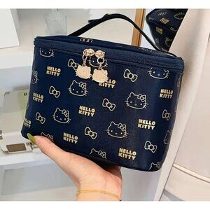 Hello Kitty Large Black Cosmetic Bag – Travel Toiletry Case with Gold Zipper
